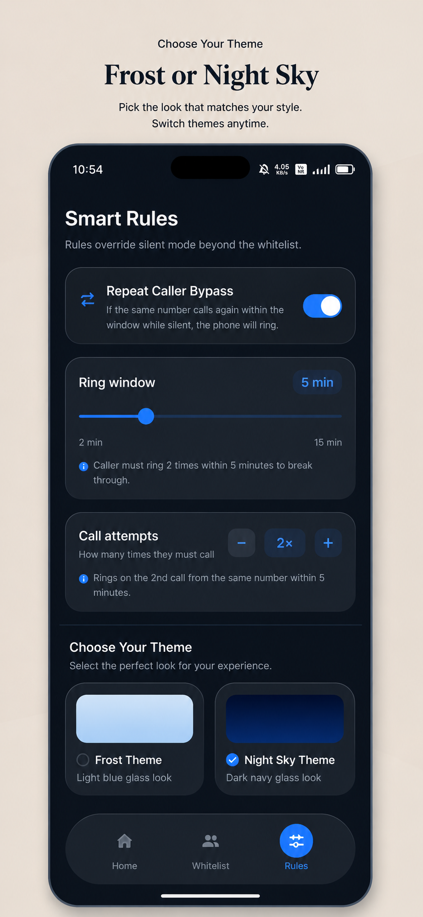 The RingGuard Night Sky dark theme shown on the Smart Rules screen.